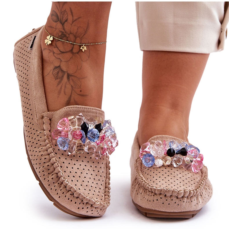PM1 Mocassini Alla Moda In Pelle Scamosciata Con Ornamenti Delima Beige