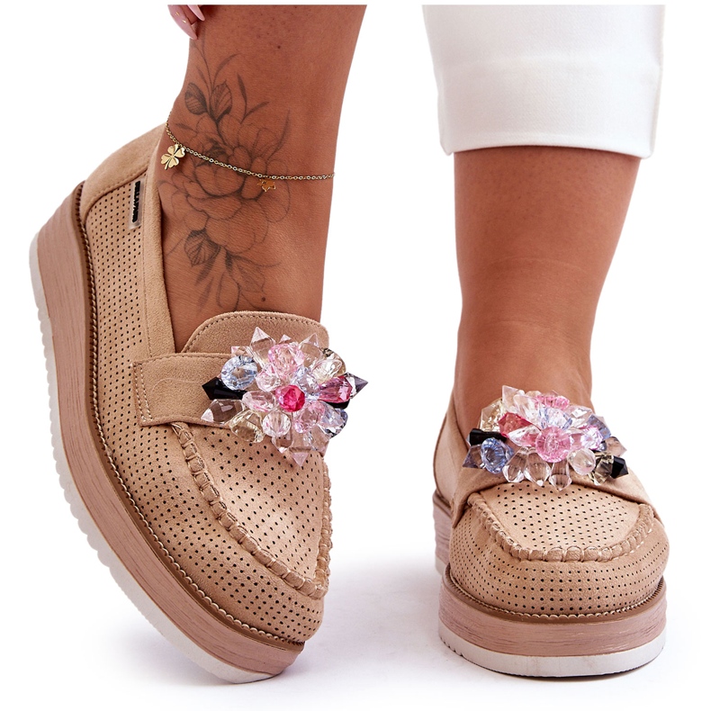 PM1 Mocassini Platform Donna Con Pietre Beige Elonore