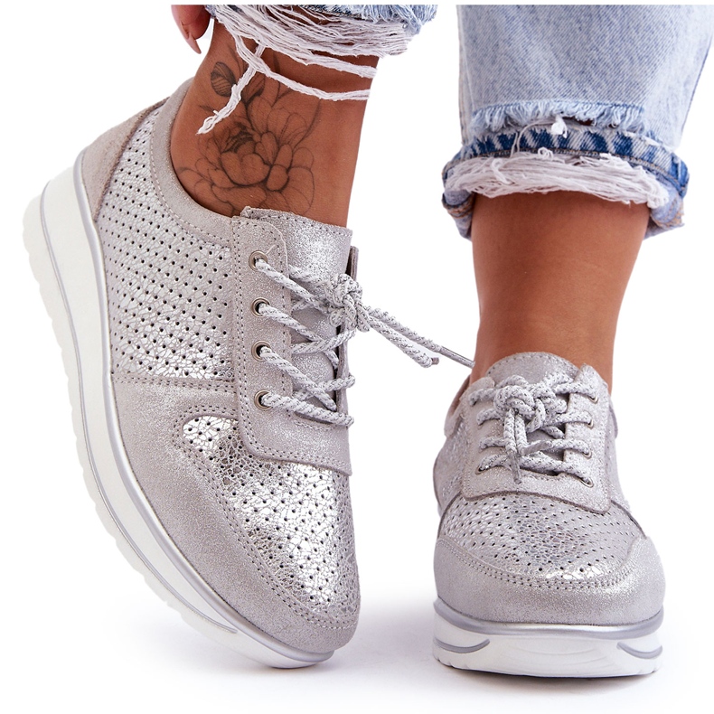 Scarpe Sportive In Pelle Con Traforo S.Barski AL22246 Silver d'argento