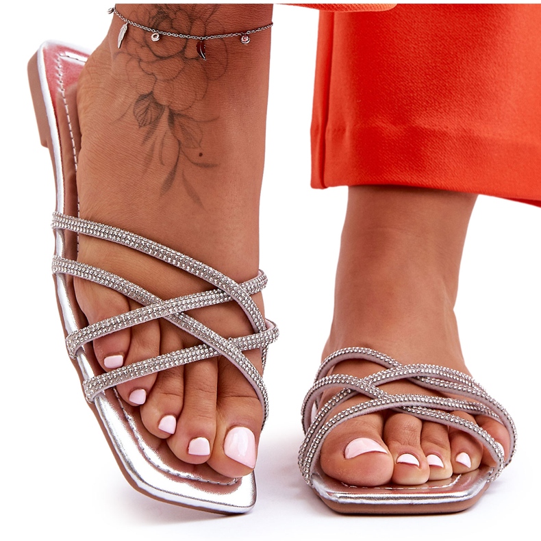 Pantofole Donna Con Righe E Strass Silver Leomi d'argento