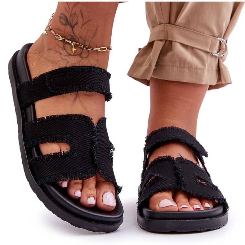 Pantofole da donna in tessuto con velcro Lamirose nere nero