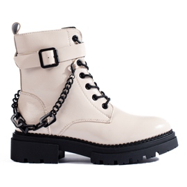Stivali da lavoro laccati beige con catena Shelovet