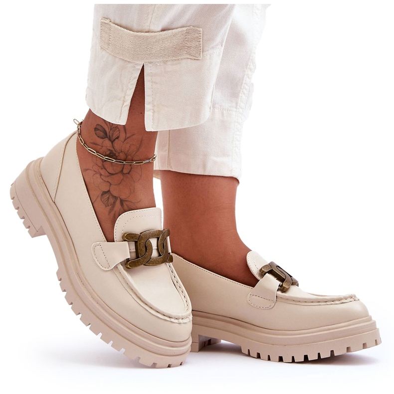 PG1 Mocassini Donna Con Plateau Con Decoro Beige Ameg