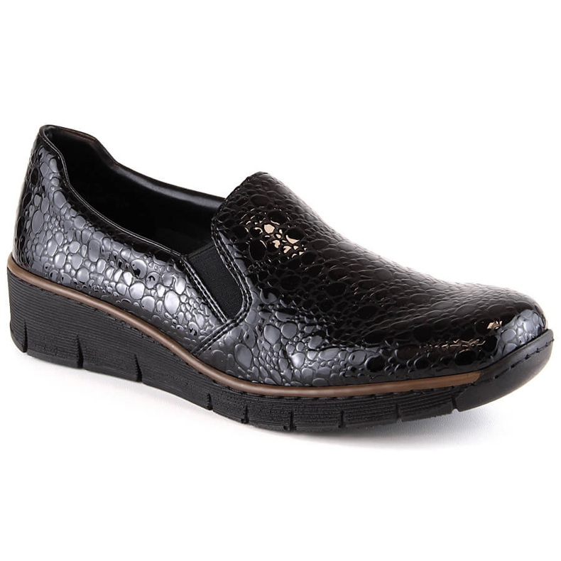 Comode scarpe da donna laccate nere Rieker 53766-45 nero