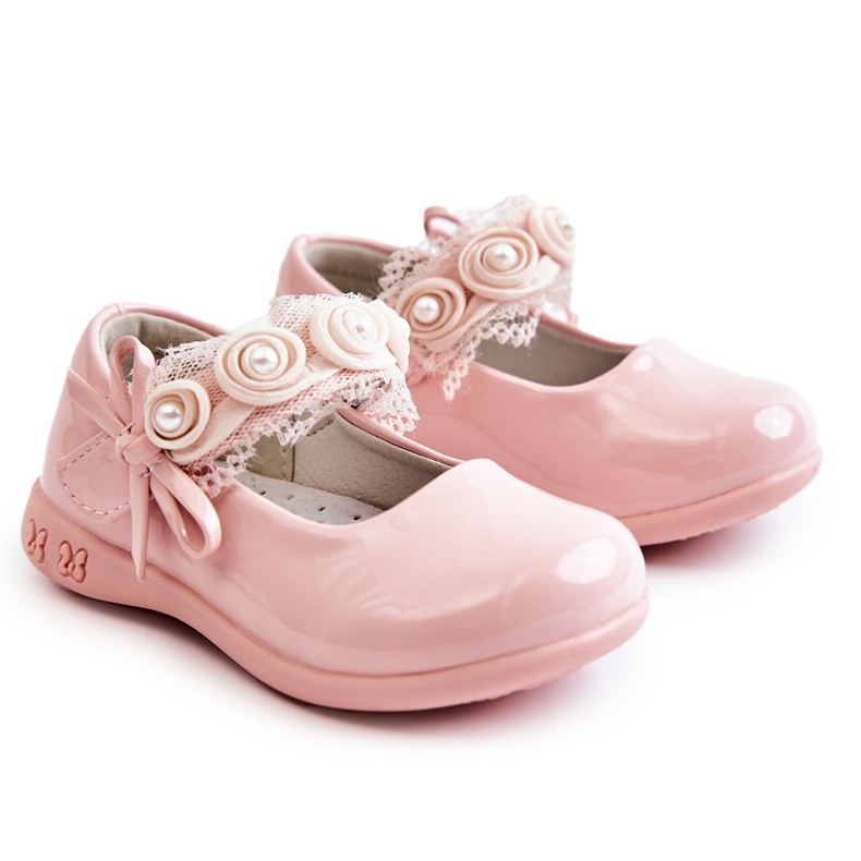 Ballerine da bambina in velcro rosa con pizzo