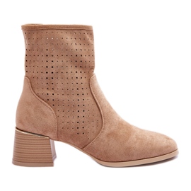 PG1 Stivali Tacco Alto Traforati in Pelle Scamosciata Perle Beige Scuro