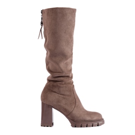 Stivali con tacco Shelovet in pelle scamosciata beige scuro