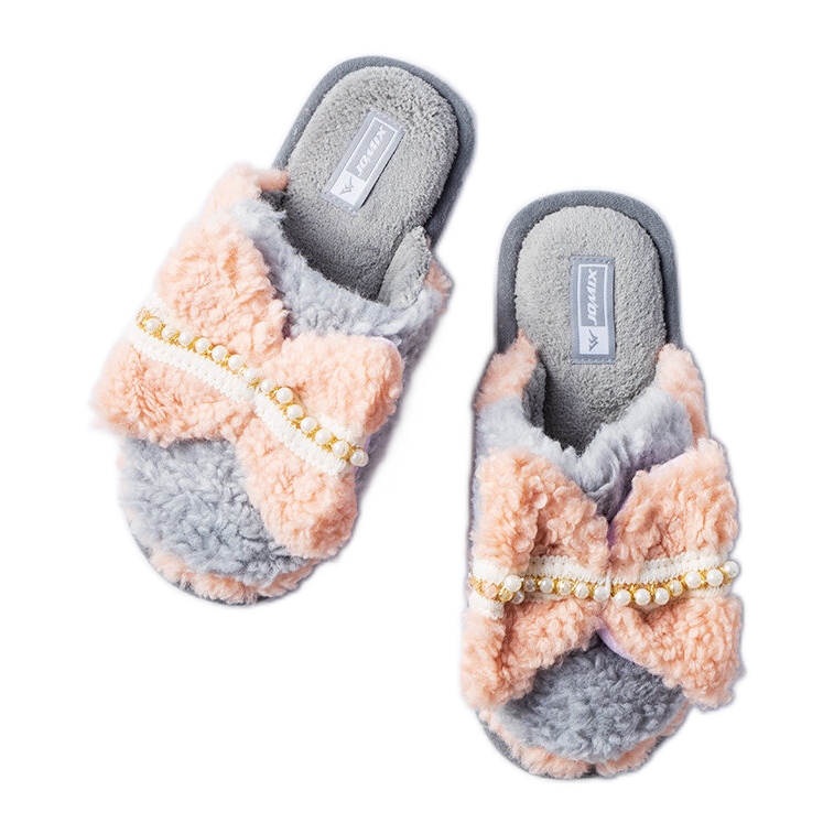 Pantofole grigie e rosa con fiocco grigio