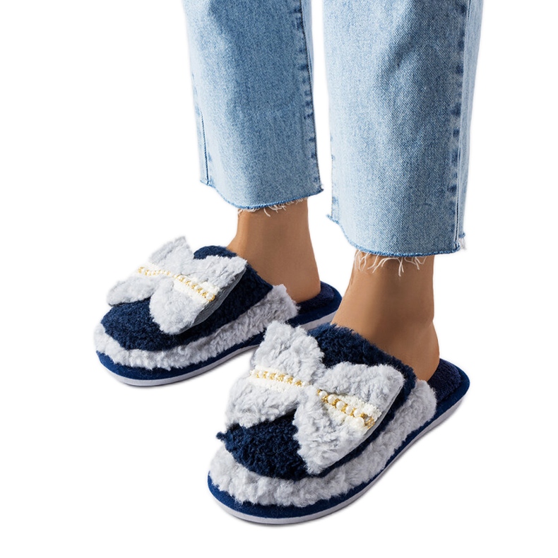 Pantofole blu navy e grigie con fiocco