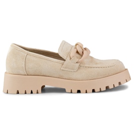 Mocassini da donna in camoscio beige con catena