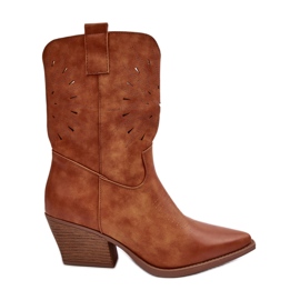 PH2 Stivali da cowboy a tacco basso in pelle color cammello marrone