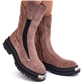 PS1 Stivali isolanti in pelle scamosciata su tacco piatto, Palimra beige scuro