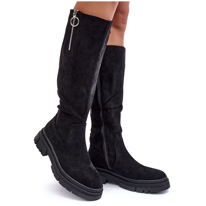 Vinceza Stivali di camoscio con tacco flat e plateau, Nero Nesina