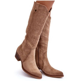 Stivali da cowboy in pelle scamosciata beige Lunah con tacco basso