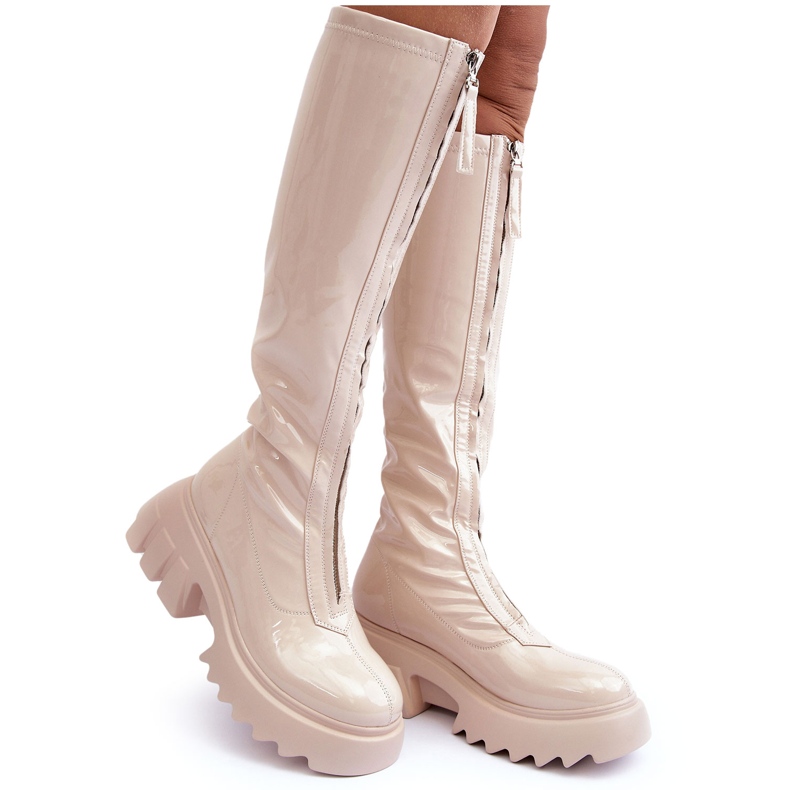 PS1 Stivali di vernice su plateau massiccio con cerniera, Beige Ringo