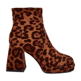 PS1 Stivaletti In Pelle Scamosciata Con Tacco Grosso, Fantasia Animalier, Marrone Abnous