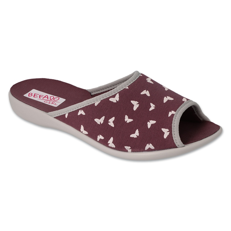 Ciabatte da donna in pu Befado 254D151, bordeaux con farfalle bianche rosso