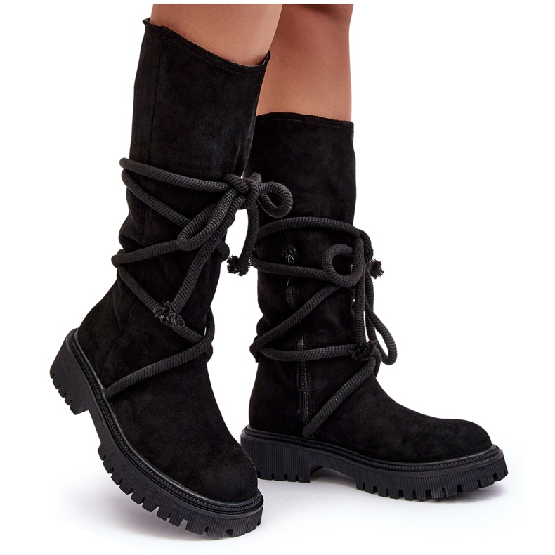 PS1 Stivali Da Donna In Camoscio Con Lacci Nero Tanive