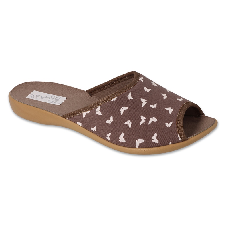 Ciabatte da donna in pu Befado 254D152 marrone con farfalle bianche