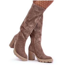 Lewski Shoes Stivali con tacco alto da donna in pelle scamosciata, Beige scuro, Lewski 3371