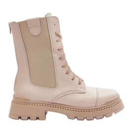 Stivali Worker in Pelle da Donna Stringati Beige Chiaro Nicole 2836