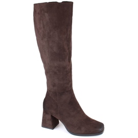 Stivali da donna in pelle scamosciata, isolanti con tacco alto, marrone, Potocki SZ12254