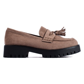 Mocassini Shelovet in camoscio beige scuro con frange
