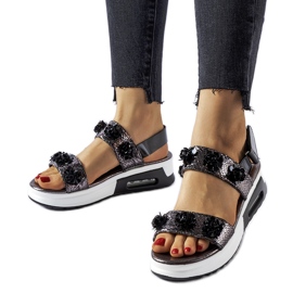Inna Sandali con zeppa grigi con fiori di Stamford d'argento