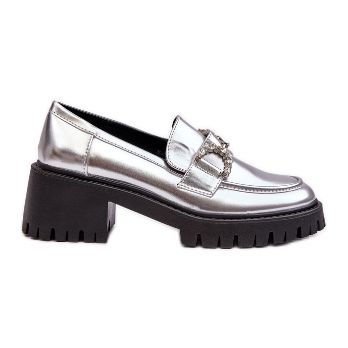 Scarpe da donna in pelle con tacco grosso, Lemmitty argento d'argento