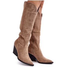 Stivali da cowboy alla moda in pelle scamosciata beige Delia