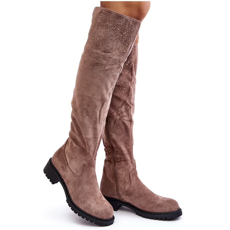 Stivali piatti sopra il ginocchio da donna decorati Cintya beige