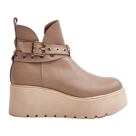 Stivaletti Da Donna In Pelle Su Zeppa Con Plateau E Cinturini Zazoo 1752 Beige