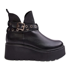 Stivali da donna in pelle su zeppa con plateau e cinturini Zazoo 1752 neri nero