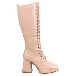 Wednesday Stivali stringati beige con tacco largo