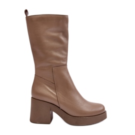 Stivali da donna in pelle Lemar Odennia beige scuro con tacco grosso