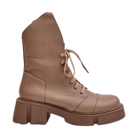Stivaletti da lavoro in pelle da donna su un tacco piatto massiccio Zazoo 976A Beige scuro
