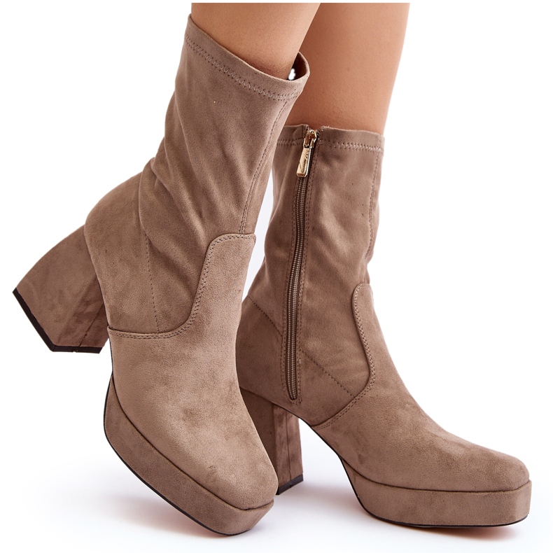 Stivaletti Da Donna Con Tacco Grosso e Plateau, Adelles Beige Scuro