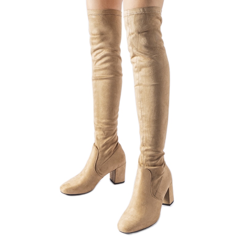 Stivali a calza lunga beige con tacco alto Carl