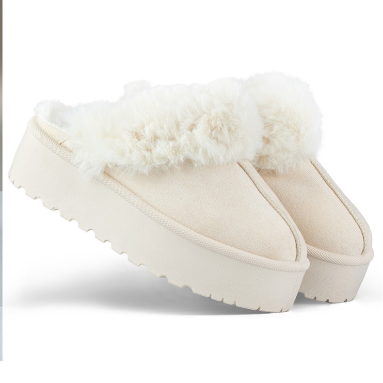 Pantofole beige con plateau e pelliccia
