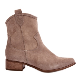 Zazoo 3329 Stivali da cowboy in pelle scamosciata cappuccino con tacco basso beige