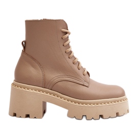 Zazoo 3413 Stivaletti da lavoro in pelle da donna con tacco alto massiccio, Beige