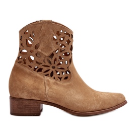 Zazoo 3404 Stivali da cowboy traforati su tacco basso in pelle scamosciata beige