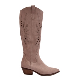 Zazoo 2909 Stivali traforati in pelle scamosciata con tacco basso, Beige