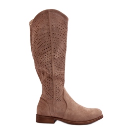 S.barski HY66-150 Stivali traforati su tacchi piatti Beige