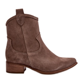 Zazoo 3329 Stivali da cowboy in pelle scamosciata con tacco basso Beige scuro