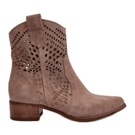 Zazoo 3305 Stivali da cowboy con tacco basso traforati da donna Camoscio Cappuccino beige