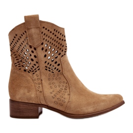 Zazoo 3305/2 Stivali da cowboy traforati con tacco basso da donna in pelle scamosciata Beige