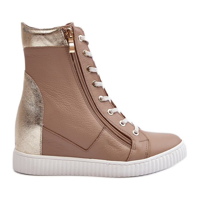 Zazoo 3081 Scarpe da ginnastica con zeppa in pelle da donna, Beige