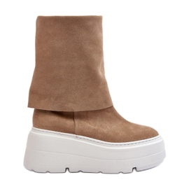 Zazoo 3410 Stivaletti da donna in pelle scamosciata su una piattaforma massiccia, Beige