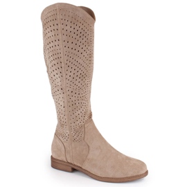 Stivali da donna traforati in pelle scamosciata beige S.Barski HY66-150